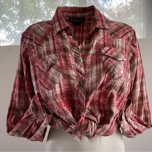 Ariat Women’s Top Button Down Embroidered Plaid Shirt Sz Large